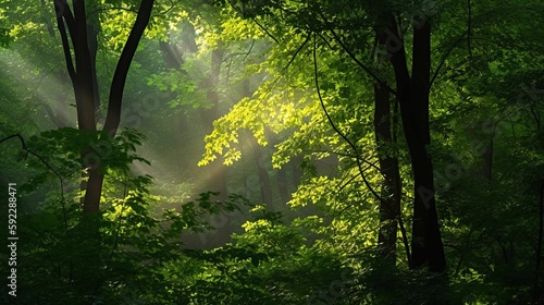 A green forest canopy, with shafts of light streaming through the leaves.