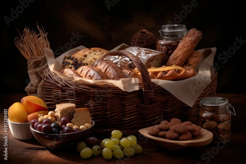 Products in a wicker basket including vegetables, fruits, sauces, bakery and dairy products and wine isolated on a wooden table against a dark background. Generative AI