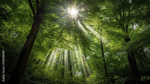 A green forest canopy, with shafts of light streaming through the leaves.