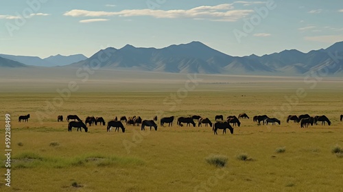 A herd of grazing wild horses on a vast plain, with mountains in the distance. © Valentin