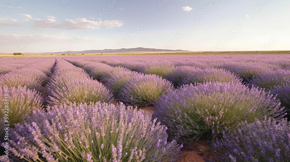 A vast, open field of lavender in full bloom, stretching out to the horizon.