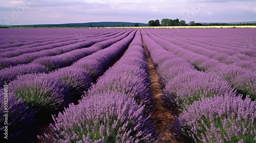 A vast, open field of lavender in full bloom, stretching out to the horizon.