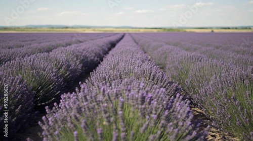 A vast  open field of lavender in full bloom  stretching out to the horizon.