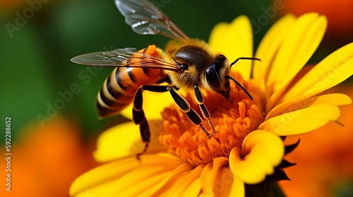 A close-up of a bee collecting nectar from a flower in a garden. 