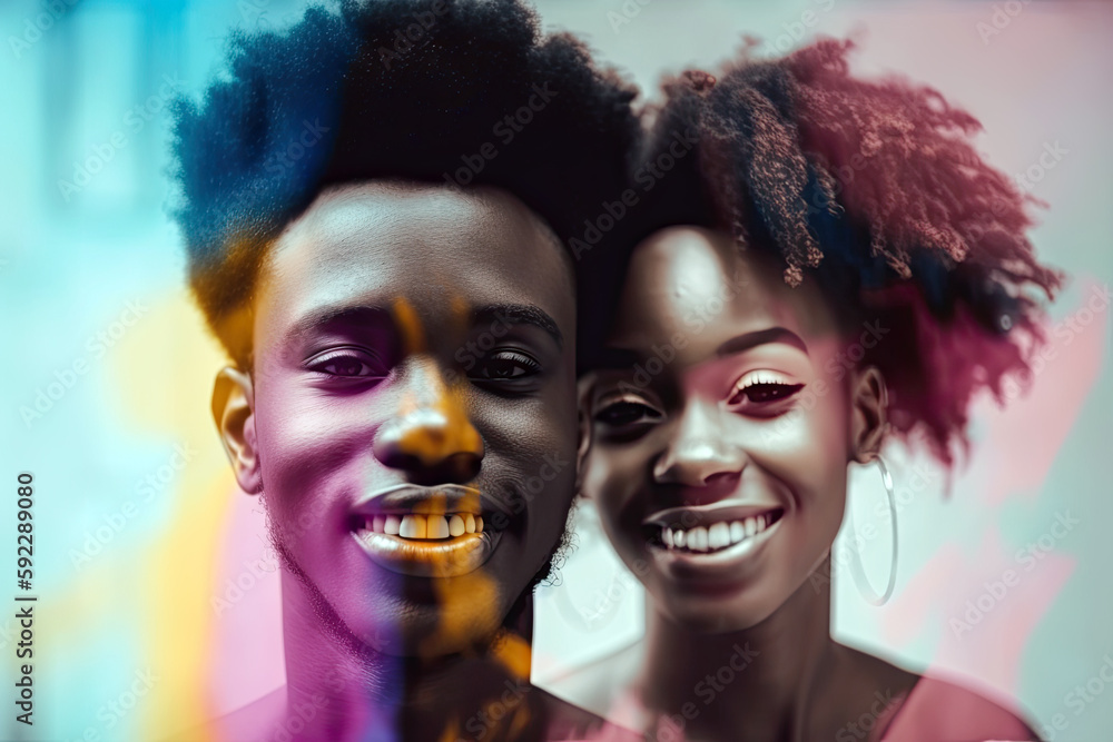 Generative AI illustration of cheerful young African American couple with Afro hairstyle looking at camera and smiling against colorful background Generative AI illustration of cheerful young African American couple with Afro hairstyle looking at camera and smiling against colorful background