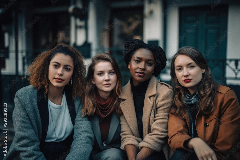Generative AI illustration of group of young multiracial female friends in warm clothes looking at camera while sitting together against blurred background in city Generative AI illustration of group of young multiracial female friends in warm clothes looking at camera while sitting together against blurred background in city