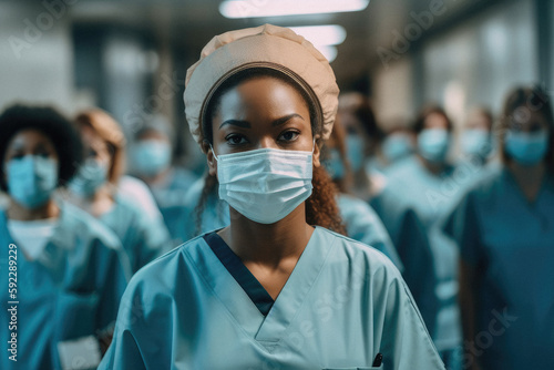 AI generated image of confident African American female in medical mask and uniform looking at camera while standing on blurred background of colleagues in hospital photo