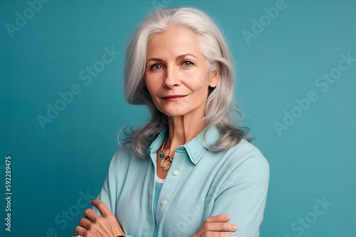 Generative AI portrait of middle aged woman with gray hair in formal blue outfit looking at camera against blue background photo