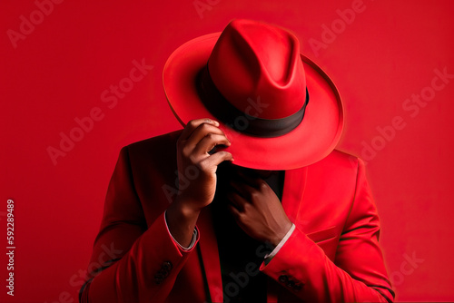 Generative AI illustration of anonymous black man in classy red suit holding red fedora hat while standing against red background in studio photo