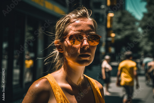 Woman in the street in summer with a lot of heat. Temperature records. Generate by ai photo