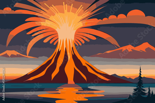 Volcano eruption, volcano with lava, vector illustration, cartoon presentation style. Modern vector illustration