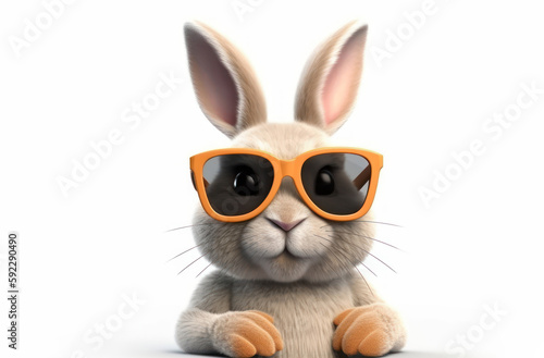 Funny cartoon bunny, cute rabbit, with sunglasses isolated on white background, Generative AI