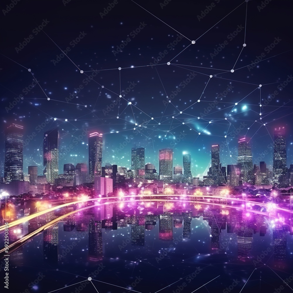 Network and Connection technology night city background at business center and Wireless skyline connection with energy light infographic. generative ai