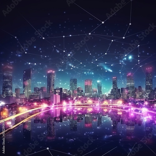 Network and Connection technology night city background at business center and Wireless skyline connection with energy light infographic. generative ai