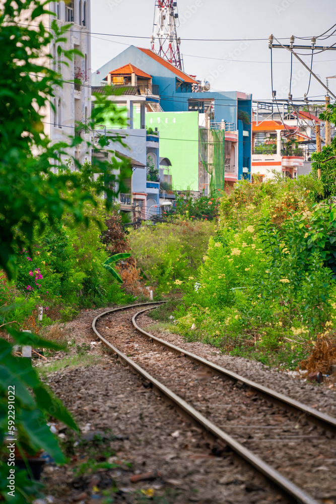 Railway and train in Ho Chi Minh City. Selective focus Railway and train in Ho Chi Minh City. Selective focus