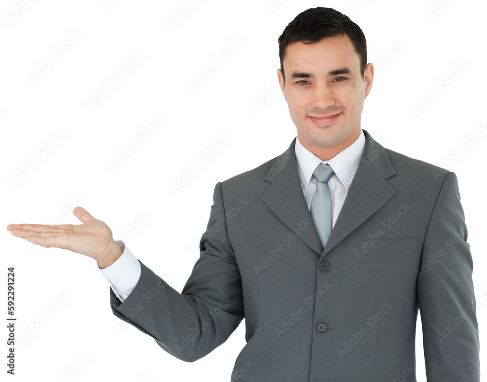 Businessman presenting something in his palm Businessman presenting something in his palm