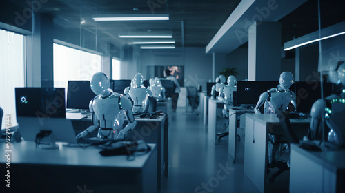 human like robots working in a office, generative ai