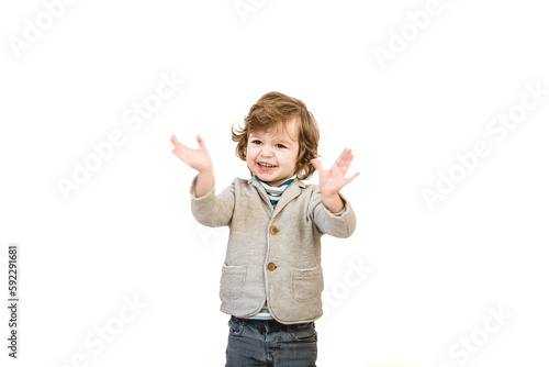 Close-up portrait of child lovely sweet curious cheerful cheery smart clever boy fantasize copy space isolated white color background