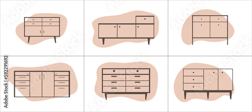 Set of furniture icons in flat style. Cabinet outline icons set on abstract shapes backgrounds