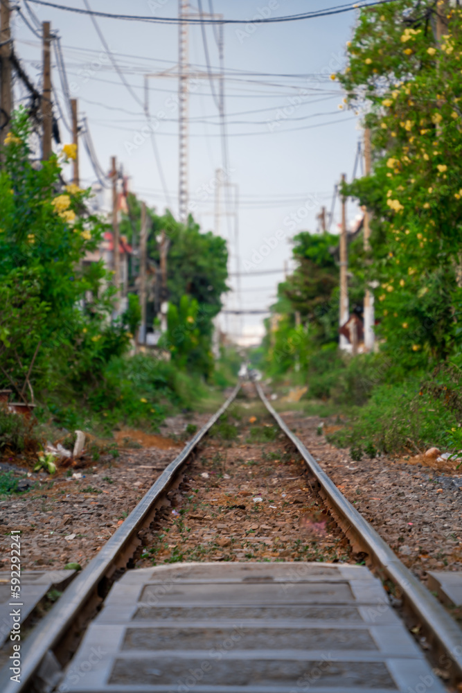 Railway and train in Ho Chi Minh City. Selective focus