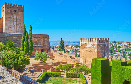 The watch tower of Alcazaba from Patio de Machuca of Alhambra, Granada, Spain