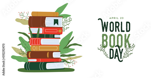World book Day card concept illustration books pile and green plants leaf