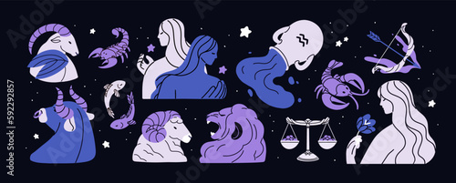 Zodiac symbols for astrology horoscope. Twelve astral constellation signs set. Modern-styled Capricorn, Gemini, Sagittarius, Scorpio, Leo, Libra and stars bundle. Isolated flat vector illustrations