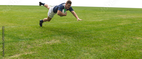 Male rugby player scoring a touchdown 