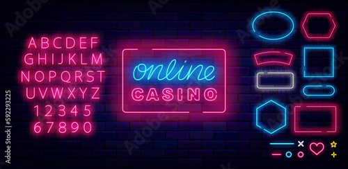 Online casino neon sign. Frames collection. Logotype on brick wall. Poker club inscription. Vector stock illustration