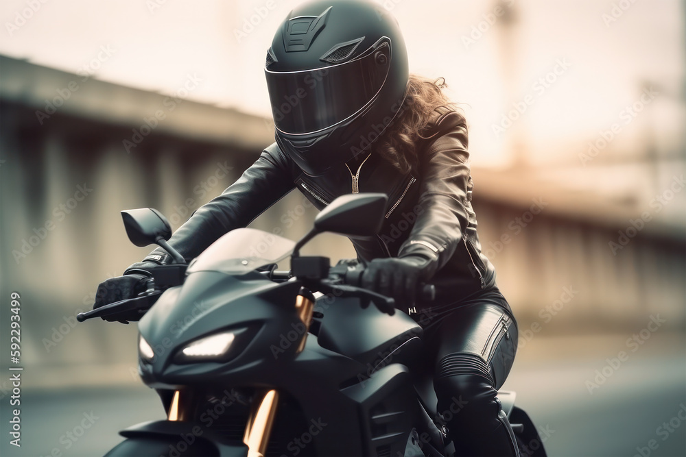 Young confident woman driving a motorbike on a road. Generative AI Young confident woman driving a motorbike on a road. Generative AI
