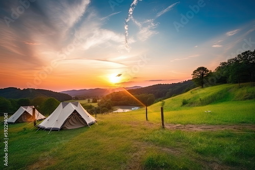 luxury camping in the beautiful countryside with sunset background, nice landscape