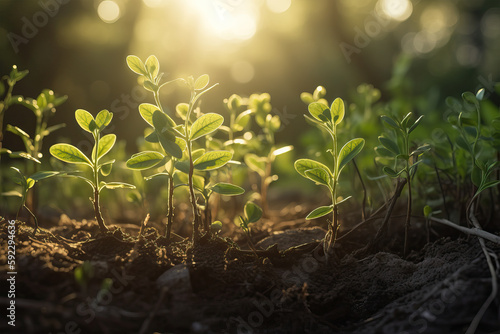 Closeup green plants grow in light of sparkling sun in a summer garden. Generative AI