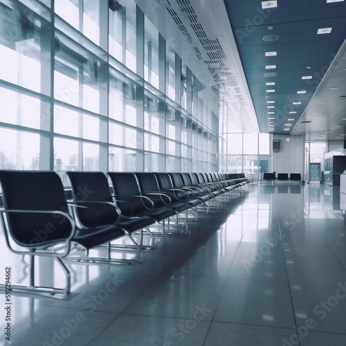 Empty airport  lounge hallway  and chair furniture in departure gate waiting area for global voyage. Airplane lobby  commercial flight seat or area  building interior or terminal. generative ai