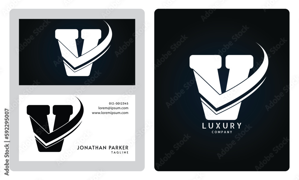 Vip business card template. Premium letter V logo with luxury business card design. Elegant corporate identity.