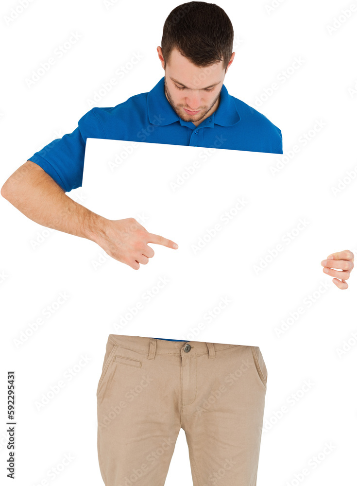 Young salesman pointing at banner he is holding Young salesman pointing at banner he is holding