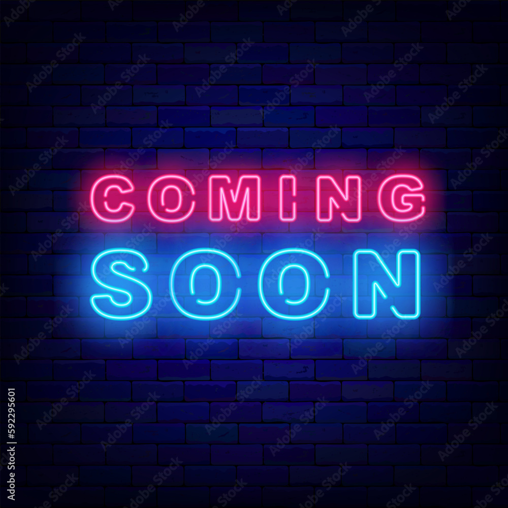 Coming soon neon typography sign. Party, show and sale preparation. Waiting something new. Vector stock illustration Coming soon neon typography sign. Party, show and sale preparation. Waiting something new. Vector stock illustration
