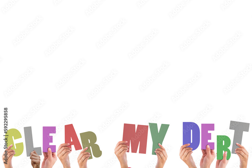 Colorful alphabet spelling clear my debt held up by people Colorful alphabet spelling clear my debt held up by people