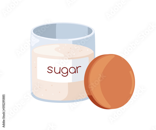Sugar in glass jar. Sweet cooking ingredient, sweetener crystals in transparent storage container and wooden lid, cover. Flat cartoon vector illustration isolated on white background