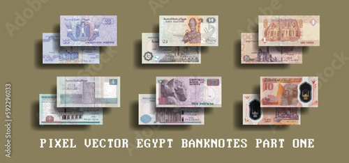 Vector set of pixel mosaic Egyptian banknotes. Paper and plastic bills, denominations of 25 and 50 piastres, 1, 5 and 10 pounds. Part one. photo