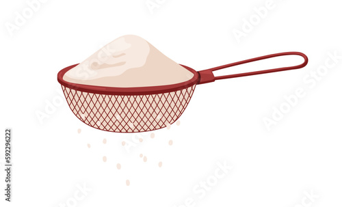 Sifting wheat flour with sieve, sifter, baking kitchen tool. Cooking powder falling process from mesh, net utensil. Kitchenware item. Flat vector illustration isolated on white background