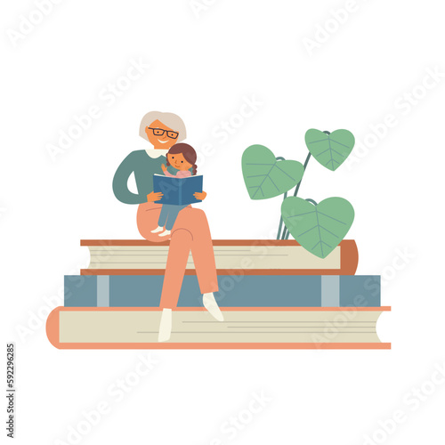 Happy grandmother and granddaughter sitting on giant stack of books together read book. Flat vector illustration