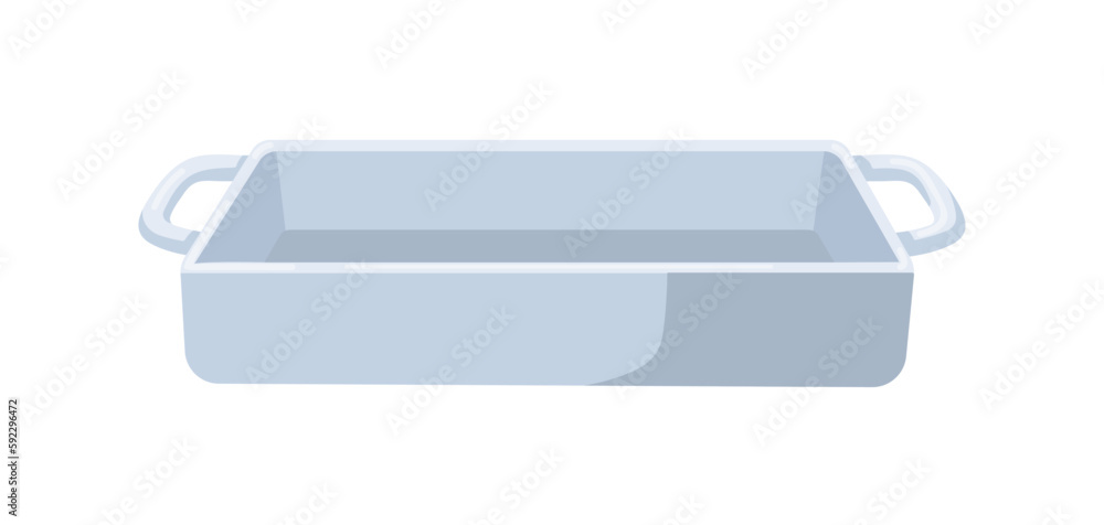 Baking dish. Metal roasting pan for oven. Roaster, bakeware with handles for cooking, roasting. Culinary kitchen ware, bakery utensil. Flat vector illustration isolated on white background Baking dish. Metal roasting pan for oven. Roaster, bakeware with handles for cooking, roasting. Culinary kitchen ware, bakery utensil. Flat vector illustration isolated on white background