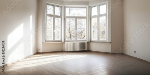 Corner of white empty room with parquet floor, Generative AI