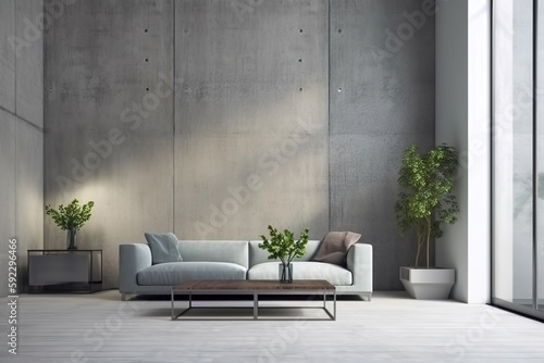 Modern living room and lounge interior design with concrete wall backdrop, Generative AI