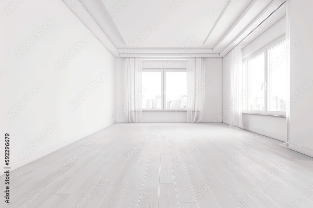 Empty white room, copy space with the wooden floor, Generative AI