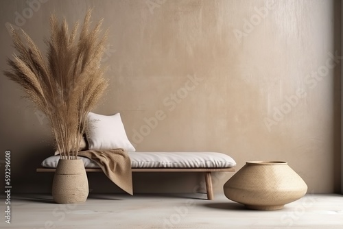 Wabi-sabi inspired interior mockup with low seating, natural fiber rug, pottery accents, and dried grass display on a blank concrete wall background, Generative AI
