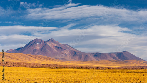 Landscape with the volcano Miniques rising above the high altitude plateau of the Andes  Altiplano  in the north of Chile