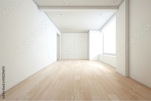Simple and modern empty white room with a wooden floor, Generative AI