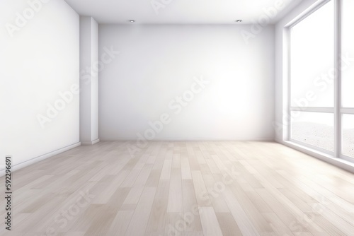Minimalistic white room with wooden flooring  empty room  Generative AI