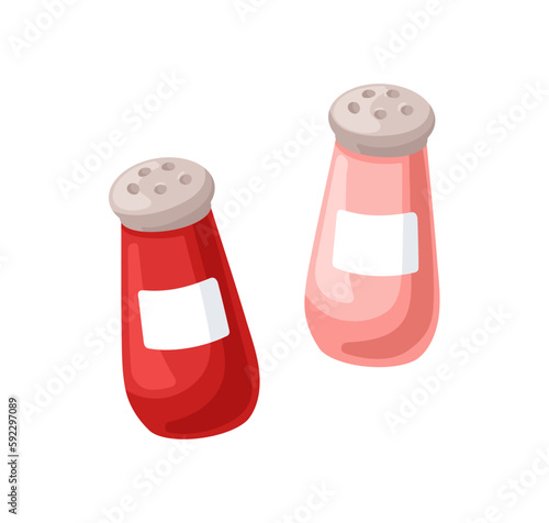 Salt and pepper shakers. Kitchen accessories for spices. Table utensils, ceramic bottles, containers for ground seasoning, condiment. Flat cartoon vector illustration isolated on white background